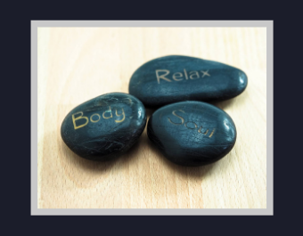 Picture of three healing stones. One says Body, another Relax, another Soul. The essence of Peace of Mind Berkshire.