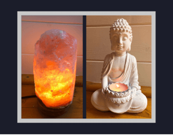 Lovely photo of the Himalayan Salt Rock Lamp and the Buddha ornaments that are inside the gorgeous Summer House where individual treatments by Peace of Mind take place.